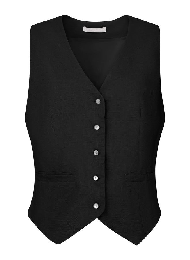 Hobemty Women's Linen Vest Sleeveless Button Down V Neck Formal Business Waistcoat Medium Black - Image 1